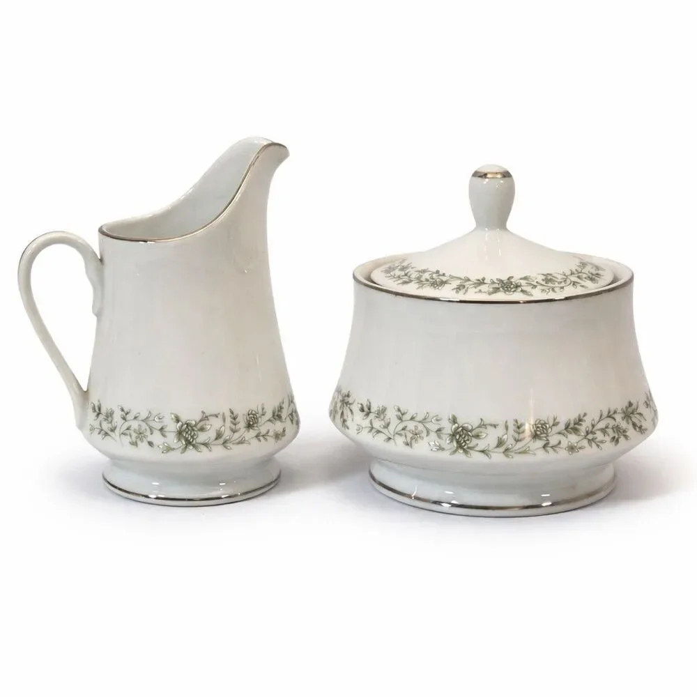 Vintage Mikasa Montclair G9059 Sugar Bowl w Lid & Creamer Set Japan Platinum‎